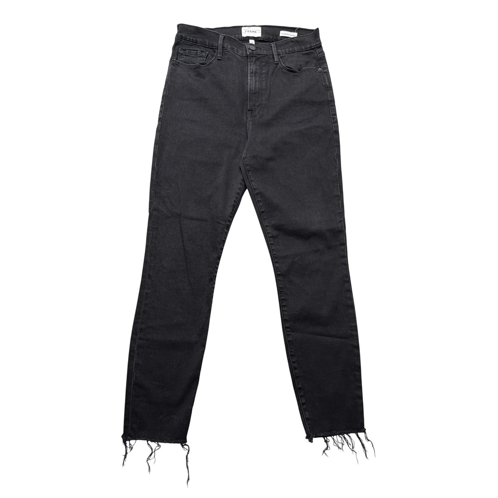 FRAME Jeans Womens 32x24.5 Black Ali High Rise Cigarette Raw Hem Stretch Denim